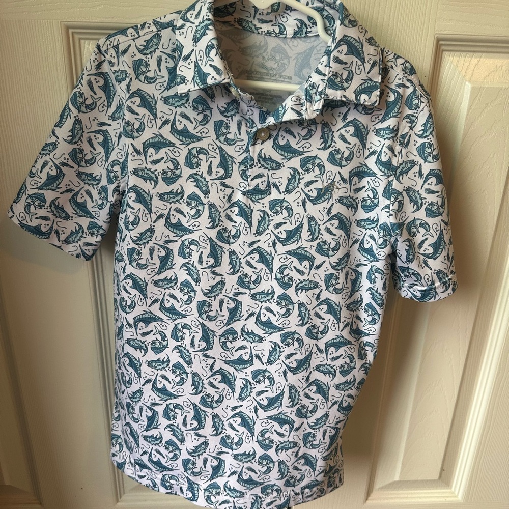 Southern Tide White and Blue Graphic Polo